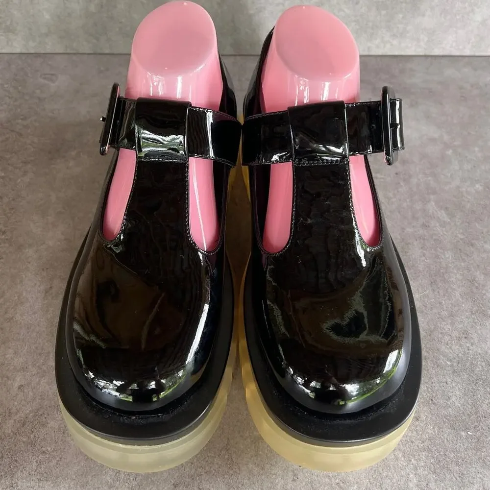 Jeffrey Campbell T-Strap Mary Jane platform shoes patent leather w lug sole Y2K